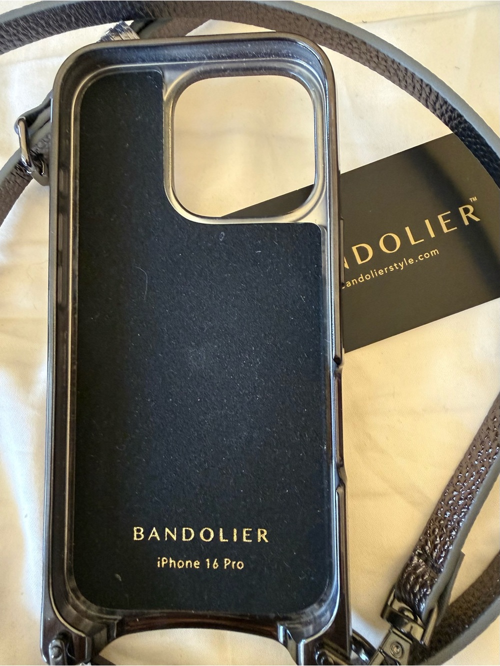 Bandolier Metallic Gray Leather Crossbody Phone Case with Gold Logo Accent - Picture 6 of 7